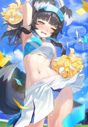Rule 34 | 1girl, absurdres, animal ears, armpits, blue archive, blue eyes, blue skirt, blue sky, blurry, blurry background, blush, breasts, cheerleader, cloud, day, dog ears, dog tail, drone, eyewear on head, halo, hibiki (blue archive), hibiki (cheer squad) (blue archive), highres, medium breasts, midriff, millennium cheerleader outfit (blue archive), navel, official alternate costume, outdoors, pom pom (cheerleading), sb (dlwnsrl1783), skirt, sky, solo, stadium, standing, sunglasses, sweat, tail, two-tone skirt, wavy mouth, white skirt