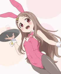 Rule 34 | 1girl, :d, animal ears, aoba kokona, blush, bow, bowtie, braid, braided bangs, brown hair, collar, commentary request, cup, detached collar, drinking glass, dutch angle, fake animal ears, forehead, grey pantyhose, hair ornament, hairband, hairclip, highres, holding, holding tray, leotard, long hair, open mouth, pantyhose, parted bangs, pink bow, pink bowtie, pink hairband, pink leotard, playboy bunny, rabbit ears, rabbit tail, red eyes, smile, solo, strapless, strapless leotard, tail, teeth, tray, upper teeth only, very long hair, white background, white collar, wrist cuffs, yama no susume, ykr (youkiri)