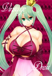 Rule 34 | 1girl, breasts, cleavage, crown, detached sleeves, facominn, green eyes, green hair, grin, hand on own hip, hatsune miku, highres, huge breasts, long hair, looking at viewer, smile, solo, twintails, very long hair, vocaloid