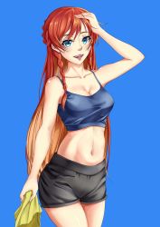 Rule 34 | 1girl, absurdres, black shorts, blue background, blue eyes, braid, breasts, cleavage, cowboy shot, hand on own head, highres, jpeg artifacts, long hair, looking at viewer, medium breasts, midriff, multicolored hair, navel, open mouth, orange hair, re:creators, red hair, selesia upitiria, short shorts, shorts, simple background, smile, solo, sports bra, towel, twin braids, two-tone hair, very long hair, xiao gen