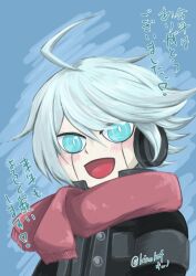 Rule 34 | 1boy, :d, ahoge, android, armor, artist name, danganronpa (series), danganronpa v3: killing harmony, green background, green eyes, grey hair, headphones, highres, k1-b0, kino124, looking at viewer, open mouth, power armor, red scarf, scarf, smile, solo, swept bangs, translation request