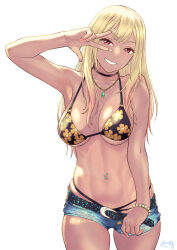 Rule 34 | 1girl, arm up, armpits, bare shoulders, belt, bikini, bikini top only, black bikini, black choker, blonde hair, blue shorts, blush, bracelet, breasts, breasts apart, choker, collarbone, commentary request, denim, denim shorts, ear piercing, earrings, fake nails, floral print, grin, gyaru, halterneck, highres, jewelry, kitagawa marin, large breasts, long hair, looking at viewer, muted color, nail polish, navel, navel piercing, necklace, no shirt, o-ring, o-ring bikini, piercing, print bikini, red eyes, short shorts, shorts, simple background, smile, solo, sono bisque doll wa koi wo suru, stomach, suna (sandworks), swimsuit, underboob, w, w over eye, white background