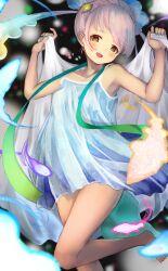 Rule 34 | 1girl, absurdres, bare shoulders, barefoot, blue dress, blue nails, blush, collarbone, commentary request, dress, gakukuru, highres, kemono friends, looking at viewer, nail polish, open mouth, short hair, skyfish (kemono friends), solo, standing, standing on one leg, strapless, strapless dress, twintails, white hair