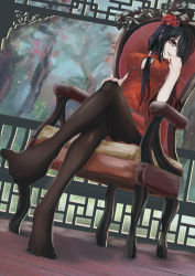 Rule 34 | 1girl, :d, absurdres, black hair, black pantyhose, breasts, brown eyes, china dress, chinese clothes, cleavage, cleavage cutout, clothing cutout, crossed legs, dalan, date a live, dress, dutch angle, flower, from below, hair flower, hair ornament, hair over one eye, hand on own knee, highres, long hair, looking at viewer, medium breasts, open mouth, pantyhose, red dress, red flower, short dress, sitting, sleeveless, sleeveless dress, smile, solo, tokisaki kurumi