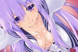 Rule 34 | 1girl, blouse, breasts, choujigen game neptune mk2, cleavage, d-pad, d-pad hair ornament, downblouse, extended downblouse, eyes visible through hair, from above, hair between eyes, hair ornament, hanging breasts, iwashi dorobou -r-, long hair, looking at viewer, medium breasts, navel, nepgear, neptune (series), no bra, open clothes, open shirt, panties, purple eyes, purple hair, shirt, sidelocks, smile, solo, striped clothes, striped panties, thighhighs, underwear