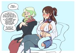 Rule 34 | 2girls, aged up, blonde hair, blush, brown hair, couch, covered erect nipples, diana cavendish, english text, hentaly, highres, interlocked fingers, kagari atsuko, light green hair, little witch academia, long hair, miniskirt, multicolored hair, multiple girls, open mouth, red eyes, revealing clothes, sitting, skirt, smile, thighhighs, two-tone hair