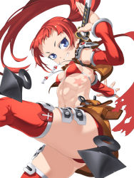 Rule 34 | 1girl, abs, armor, bikini, bikini top only, blue eyes, breasts, cleavage, detached sleeves, from below, grin, junketsu duelion, katana, kunai, lissa augusta, long hair, navel, official art, original, ponytail, pouch, red bikini, red eyes, red scarf, red thighhighs, scar, scarf, simple background, small breasts, smile, solo, string bikini, swimsuit, sword, takoyaki neko-san, tattoo, thighhighs, weapon, white background