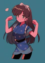 Rule 34 | 1girl, artist name, blush stickers, bow, breasts, brown hair, closed mouth, highres, kuonji ukyou, menma (enaic31), ranma 1/2, simple background, small breasts, smile, solo, twitter username, white bow