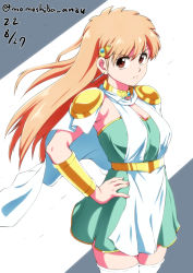 Rule 34 | 1girl, artist name, brown eyes, cape, dated, dragon quest, dragon quest dai no daibouken, gauntlets, hand on own hip, long hair, looking at viewer, nafta, orange hair, princess leona, simple background, solo, thighhighs, white cape, white thighhighs, zettai ryouiki
