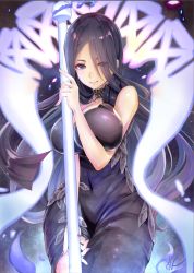 Rule 34 | 1girl, absurdres, bad id, bad pixiv id, black dress, black hair, breasts, collar, commentary request, contemporary, covered navel, dress, fingernails, grey eyes, hair over one eye, highres, hoshizaki reita, kaguya (sinoalice), large breasts, lips, long hair, looking at viewer, nail polish, original, shiny skin, signature, simple background, sinoalice, sleeveless, solo, staff