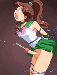 Rule 34 | 1girl, 1other, 20s, amedama akihito, animated, animated gif, arms behind back, bishoujo senshi sailor moon, blush, bottomless, bouncing breasts, bound, bound arms, bound legs, bow, breasts, brown background, brown hair, censored, choker, clothes lift, cowboy shot, cum, cumdrip, dark background, ejaculation, elbow gloves, erection, excessive cum, from side, futanari, gloves, gradient background, green eyes, green skirt, high ponytail, jiggle, leotard, long hair, looping animation, medium breasts, mosaic censoring, multicolored background, open mouth, orgasm, penis, pink bow, ponytail, projectile cum, pubic hair, sailor jupiter, sidelocks, skirt, skirt lift, solo focus, standing, sweat, sweatdrop, teeth, tentacle sex, tentacles, testicles, third-party edit, tiara, trembling, white gloves, white leotard, wide-eyed