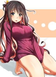 Rule 34 | 1girl, arm support, barefoot, black hair, breasts, full body, kantai collection, kneeling, kobamiso (kobalt), large breasts, long hair, looking at viewer, multicolored hair, naganami (kancolle), pink hair, purple sweater, ribbed sweater, solo, sweater, two-tone background, two-tone hair, wavy hair, white background