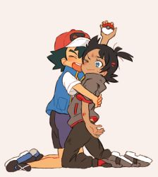 Rule 34 | :d, absurdres, ash ketchum, baseball cap, black hair, black pants, blue eyes, blue footwear, blue vest, blush, bruise, commentary request, creatures (company), dark-skinned male, dark skin, exposed pocket, closed eyes, game freak, goh (pokemon), grey footwear, grey shirt, hair ornament, hairclip, hat, highres, holding, holding poke ball, hug, injury, looking to the side, male focus, nico o0, nintendo, one eye closed, open mouth, pants, pocket, poke ball, poke ball (basic), pokemon, pokemon (anime), pokemon journeys, shirt, shoes, short sleeves, smile, sneakers, spiked hair, sweat, teeth, upper teeth only, vest, white background, white shirt, |d