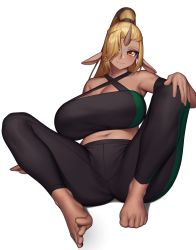 Rule 34 | 1girl, animal ears, barefoot, blonde hair, breasts, brown eyes, cinko, cleavage, commentary, dark-skinned female, dark skin, english commentary, facial mark, forehead mark, hair over one eye, hand on own knee, head tilt, highres, horns, huge breasts, navel, oni, original, paid reward available, ponytail, single horn, sitting, smile, soles, solo, white background