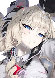 Rule 34 | 1girl, blonde hair, blue eyes, blush, closed mouth, collared shirt, crown (nikke), diadem, drill hair, goddess of victory: nikke, hair ornament, headgear, jewelry, long hair, looking at viewer, necklace, shirt, smile, solo, thenami, white shirt