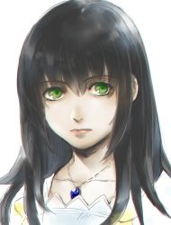 Rule 34 | 1girl, black hair, closed mouth, gensou suikoden, green eyes, jewelry, long hair, looking at viewer, necklace, simple background, solo, viki (suikoden), white background