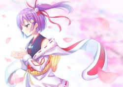 Rule 34 | 1girl, blush, braid, cherry blossoms, commentary request, floating hair, hair between eyes, hair ornament, hair ribbon, japanese clothes, kakeyu, kimono, medium hair, one side up, open hands, petals, purple eyes, purple hair, red eyes, ribbon, simple background, single braid, smile, solo, tenjin kotone, tenjin kotone (channel), virtual youtuber, white background