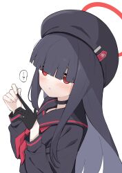Rule 34 | ...?, 1girl, beret, black choker, black gloves, black hair, black hat, black sailor collar, black serafuku, blue archive, blush, choker, gloves, halo, hat, highres, justice task force member (blue archive), long hair, long sleeves, neckerchief, red eyes, red halo, red neckerchief, sailor collar, school uniform, serafuku, simple background, single glove, solo, upper body, white background, yoimura