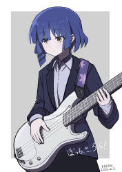 Rule 34 | 1girl, absurdres, bass guitar, blue hair, blue jacket, bocchi the rock!, closed mouth, collared shirt, expressionless, hair ornament, highres, holding, holding instrument, instrument, jacket, kaidouzy, long sleeves, looking ahead, mole, mole under eye, shirt, short hair, solo, standing, yamada ryo, yellow eyes