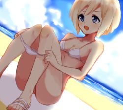 Rule 34 | &gt;:o, 1girl, :o, bad id, bad twitter id, beach, bikini, blonde hair, blue eyes, blue sky, bob cut, breasts, cleavage, cloud, day, dressing, dutch angle, erica hartmann, knees together feet apart, kodamari, ocean, open mouth, outdoors, sandals, short hair, sitting, sky, small breasts, solo, strike witches, swimsuit, v-shaped eyebrows, water, white bikini, world witches series