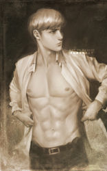 Rule 34 | 1boy, abs, art of neight, artist name, belt, belt buckle, buckle, floch forster, highres, looking to the side, male focus, navel, nipples, open clothes, open shirt, pants, pectorals, shingeki no kyojin, short hair, solo, standing, twitter logo