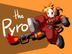 Rule 34 | 1girl, blonde hair, blue eyes, bodysuit, cosplay, female focus, flamethrower, flat chest, full body, gloves, ichidai taisa, pyro (tf2), red pyro (tf2), short hair, solo, team fortress 2, weapon