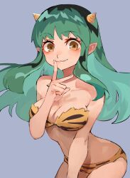 Rule 34 | 1girl, animal print, bare shoulders, bikini, blush, breasts, brown eyes, cleavage, closed mouth, collarbone, cowboy shot, finger to mouth, green hair, grey background, highres, horns, index finger raised, jc (pixiv 66949345), large breasts, leaning forward, long hair, looking at viewer, lum, medium breasts, oni, pointy ears, simple background, smile, solo, strapless, strapless bikini, swimsuit, tiger print, urusei yatsura