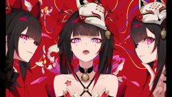 Rule 34 | bare shoulders, bell, black choker, black hair, blunt bangs, chinese commentary, choker, clone, collarbone, commentary request, facial mark, finger to own chin, fish, flower tattoo, fox mask, goldfish, hair ornament, heitian keji, highres, honkai: star rail, honkai (series), jingle bell, looking at viewer, making-of available, mask, mask on head, multicolored hair, nail polish, neck bell, one eye closed, open mouth, parted lips, pillarboxed, pink eyes, red eyes, red hair, red nails, sidelocks, sparkle (honkai: star rail), streaked hair, symbol-shaped pupils, tattoo, teeth, tongue, tongue out, two-tone hair, upper body, upper teeth only, variant set