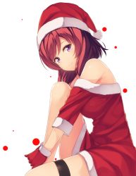 Rule 34 | 10s, 1girl, bare shoulders, blush, breasts, christmas, dress, from side, gloves, hat, looking at viewer, love live!, love live! school idol project, medium breasts, nishikino maki, purple eyes, red gloves, red hair, red hat, santa hat, short hair, short sleeves, simple background, sitting, siva (executor), sleeves past elbows, smile, solo, thigh strap, upper body