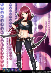 Rule 34 | 1girl, absurdres, belt, boots, breasts, cheng, cleavage, dual wielding, earrings, gloves, green eyes, highres, holding, jewelry, katarina (league of legends), knife, kunai, league of legends, long hair, midriff, red hair, scar, smile, spikes, tattoo, very long hair, weapon