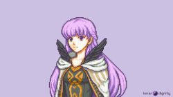 Rule 34 | 1girl, black feathers, breasts, cape, cloak, closed mouth, commission, commissioner upload, expressionless, feathers, fire emblem, fire emblem: the binding blade, fire emblem heroes, long hair, lunar dignity, medium breasts, nintendo, pixel art, purple background, purple eyes, purple hair, signature, solo, sophia (fire emblem), very long hair, white cape, white cloak