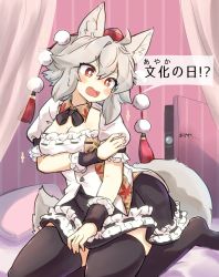 Rule 34 | 2girls, animal ears, bed, black skirt, blush, breasts, camera, cleavage, cosplay, curtains, grey hair, hat, highres, inubashiri momiji, medium breasts, multiple girls, open mouth, pom pom (clothes), red eyes, shameimaru aya, shameimaru aya (cosplay), short hair, sitting, skirt, solo focus, tail, thighhighs, tokin hat, touhou, uisu (noguchipint), wolf ears, wolf tail