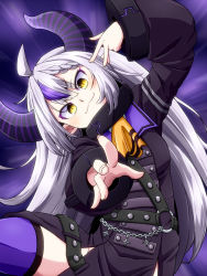 Rule 34 | 1girl, :3, ahoge, aono3, closed mouth, demon girl, demon horns, highres, hololive, horns, la+ darknesss, long hair, long sleeves, looking at viewer, purple hair, smile, solo, v, virtual youtuber, white hair
