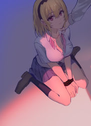 Rule 34 | 1girl, black hairband, blonde hair, blue skirt, bound, bound wrists, breasts, cleavage, collared shirt, hairband, hand on another&#039;s chin, highres, higurashi no naku koro ni, houjou satoko, large breasts, loafers, looking up, open clothes, open shirt, pleated skirt, purple eyes, school uniform, shirt, shoes, short hair, sitting, skirt, socks, solo focus, st. lucia academy school uniform, usamin (megumikira), white shirt