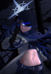 Rule 34 | 1girl, absurdres, baseball cap, belt, black hat, black shirt, blue archive, blue eyes, blue hair, breasts, commentary, crop top, dated commentary, glowing, glowing eyes, hat, highres, jacket, keika (otsukare), large breasts, long hair, long sleeves, looking at viewer, midriff, navel, open clothes, open jacket, saori (blue archive), shirt, solo, stomach, upper body, white jacket