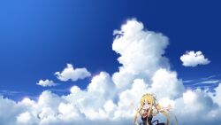 Rule 34 | 1girl, blonde hair, blue eyes, blue sky, cloud, day, hair ribbon, highres, long hair, meito (maze), necktie, open mouth, original, outdoors, outstretched arms, ponytail, red necktie, ribbon, short sleeves, sky, smile, solo, white ribbon