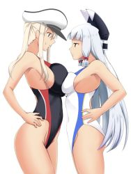 Rule 34 | 2girls, black one-piece swimsuit, blonde hair, breast press, breasts, commentary request, competition swimsuit, covered navel, cowboy shot, eye contact, fuuma nagi, graf zeppelin (kancolle), grey eyes, hair ribbon, hands on own hips, hat, headgear, kantai collection, large breasts, long hair, looking at another, medium breasts, multiple girls, murakumo (kancolle), one-piece swimsuit, orange eyes, peaked cap, ribbon, sidelocks, silver hair, swimsuit, symmetrical docking, tress ribbon, twintails, white background, white headwear, white one-piece swimsuit