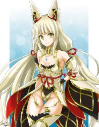 Rule 34 | 1girl, animal ears, blue background, boots, breasts, cat ears, cat girl, core crystal (xenoblade), cowboy shot, dated, gloves, grey hair, highleg, highleg leotard, highres, hisin, leotard, long hair, looking at viewer, nia (blade) (xenoblade), nia (xenoblade), signature, small breasts, solo, thigh boots, twintails, two-tone background, very long hair, white background, white footwear, white gloves, white leotard, white sleeves, xenoblade chronicles (series), xenoblade chronicles 2, yellow eyes