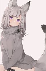 Rule 34 | 1girl, :/, animal ear fluff, animal ears, animare, arms between legs, black bow, blunt bangs, blush, bow, braid, closed mouth, commentary, eyebrows hidden by hair, flat chest, grey background, grey hair, grey sweater, hair bow, hair ribbon, head tilt, highres, looking at viewer, medium hair, nanashi inc., original, purple eyes, ribbon, rippootai, simple background, single braid, sitting, solo, sweater, tail, tress ribbon, turtleneck, turtleneck sweater, upper body, v arms, virtual youtuber, wolf ears, wolf tail
