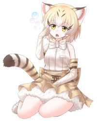 Rule 34 | 10s, 1girl, absurdres, animal ears, black hair, blonde hair, blush, bow, bowtie, brown skirt, bubble, cat ears, cat tail, elbow gloves, fangs, gloves, highres, kakutasu (akihiron cactus), kemono friends, looking at viewer, multicolored hair, open mouth, sand cat (kemono friends), seiza, short hair, sitting, skirt, solo, tail, teeth, white bow, white bowtie, white gloves, yellow eyes