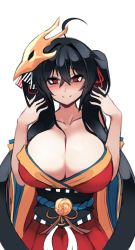 Rule 34 | 1girl, ahoge, azur lane, bird mask, black hair, black sash, blush, breasts, cleavage, closed mouth, crossed bangs, hair between eyes, hair ornament, hair ribbon, hands up, heart, heart-shaped pupils, highres, huge breasts, long hair, looking at viewer, mask, mask on head, obi, red eyes, red ribbon, red skirt, ribbon, sash, simple background, skirt, smile, solo, sub-res, symbol-shaped pupils, taihou (azur lane), twintails, upper body, very long hair, white background