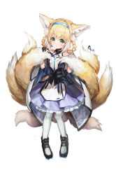 Rule 34 | 1girl, :o, a (sofi3103), absurdres, animal ears, apron, arknights, bare shoulders, black footwear, black gloves, blonde hair, blouse, blue hairband, braid, braided hair rings, commentary request, fox ears, fox girl, fox tail, frilled skirt, frills, full body, gloves, hair between eyes, hair rings, hairband, highres, infection monitor (arknights), kitsune, kyuubi, looking at viewer, multicolored hair, multiple tails, pantyhose, parted lips, pleated skirt, purple skirt, shirt, shoes, simple background, single glove, skirt, solo, standing, suzuran (arknights), tail, twin braids, two-tone hair, waist apron, wavy hair, white apron, white background, white hair, white pantyhose, white shirt