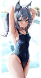 Rule 34 | 1girl, :o, animal ear fluff, animal ears, arms behind head, blue archive, blue eyes, blurry, blurry background, breasts, commentary request, competition swimsuit, covered navel, cross hair ornament, grey hair, hair ornament, halo, highres, kokuto (kurousagi1210), looking at viewer, medium breasts, medium hair, one-piece swimsuit, outdoors, parted lips, pool, shiroko (blue archive), shiroko (swimsuit) (blue archive), solo, swimsuit, thighs, wet, wet clothes, wet swimsuit