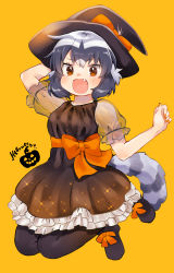 Rule 34 | 1girl, absurdres, alternate costume, animal ears, black dress, black footwear, black pantyhose, bow, commentary request, common raccoon (kemono friends), dress, fang, frilled dress, frills, grey hair, halloween, hat, hat bow, highres, kemono friends, multicolored hair, nail polish, open mouth, orange bow, orange nails, pantyhose, puffy short sleeves, puffy sleeves, raccoon ears, raccoon girl, raccoon tail, see-through, short hair, short sleeves, solo, suicchonsuisui, tail, white hair, witch, witch hat