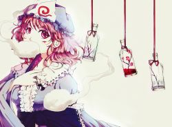 Rule 34 | 1girl, bottle, cherry blossoms, covering own mouth, curly hair, ghost, h4tter, hat, japanese clothes, kimono, obi, pink eyes, pink hair, saigyouji yuyuko, sash, scar, short hair, solo, touhou, white background