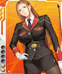 Rule 34 | 00s, 1girl, belt, belt buckle, blazer, blue eyes, breasts, brown hair, buckle, buttons, card (medium), card (orange-r), card (r), checkered background, collared shirt, female focus, gloves, gradient background, hand on own hip, hip focus, jacket, lace, lace-trimmed legwear, lace trim, large breasts, lilith-soft, lips, lipstick, long hair, long sleeves, looking at viewer, makeup, military, military uniform, miniskirt, necktie, official art, pleated skirt, shirt, side slit, skirt, sleeve cuffs, smile, solo, standing, taimanin (series), taimanin asagi, taimanin asagi battle arena all card gallery, taimanin asagi kessen arena, takasugi kou, thighhighs, uniform, very long hair, waltrud (taimanin asagi)
