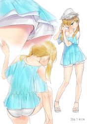 Rule 34 | 10s, 1girl, 2016, adjusting hair, ama mitsuki, arm up, ass, bare shoulders, blonde hair, breasts, camisole, commentary, contrapposto, dated, from behind, from below, full body, green eyes, grey hat, grey panties, hat, head tilt, kantai collection, leg up, long hair, lower body, multiple views, no legwear, no pants, panties, panty peek, panty slip, pink panties, polka dot, prinz eugen (kancolle), sandals, see-through, see-through silhouette, shorts, simple background, small breasts, standing, standing on one leg, toes, twintails, tying hair, underwear, upshorts, visor cap, white background, white panties, white shorts