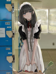 Rule 34 | 1girl, absurdres, air conditioner, apron, bag, baguette, bell pepper, black hair, blue eyes, bread, carrot, closed mouth, collared dress, dress, eyes visible through hair, food, grocery bag, head tilt, highres, holding, holding bag, light blush, locker, locker room, long hair, looking away, maid, maid apron, maid headdress, original, pepper, puffy short sleeves, puffy sleeves, red ribbon, ribbon, sawatani ( swt2), shopping bag, short sleeves, solo, spring onion, vegetable, window