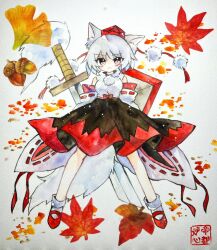 Rule 34 | 1girl, :&lt;, acorn, animal ears, black skirt, closed mouth, commentary request, detached sleeves, full body, hat, highres, inubashiri momiji, key747h, leaf, long sleeves, looking at viewer, maple leaf, painting (medium), pom pom (clothes), red footwear, red hat, shield, shield on back, shirt, short hair, skirt, sleeveless, sleeveless shirt, socks, solo, spread legs, sword, tail, tokin hat, touhou, traditional media, watercolor (medium), weapon, white hair, white shirt, white sleeves, white socks, wide sleeves, wolf ears, wolf girl, wolf tail