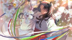 Rule 34 | 1girl, black hair, cherry blossoms, closed eyes, dancing, fate/hollow ataraxia, fate/stay night, fate (series), flower, hair ribbon, happy new year, highres, holding, japanese clothes, kimono, long hair, miko, new year, ribbon, smile, solo, tohsaka rin, twintails, ubwmitekure, upper body